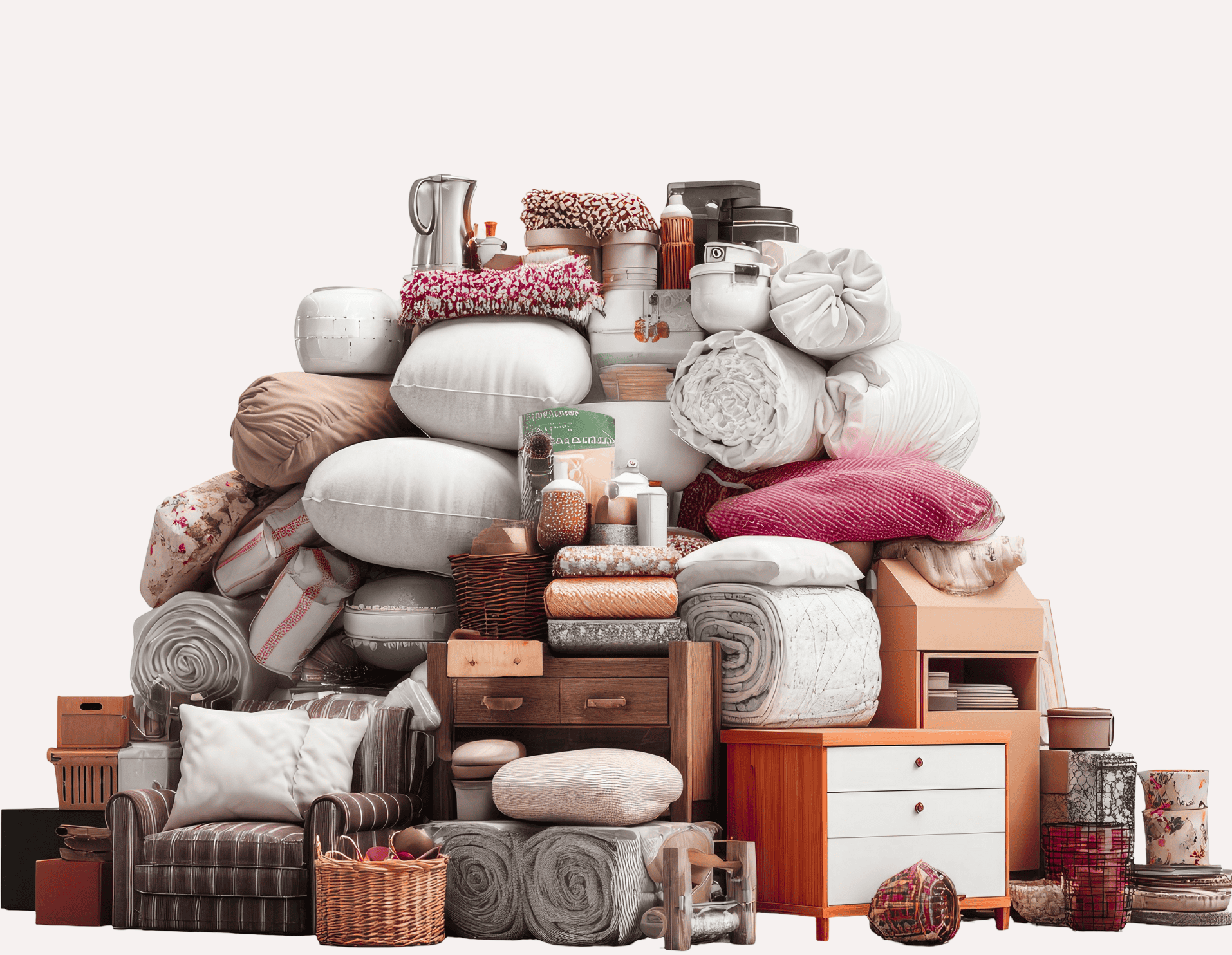 Titelbild mit einem Haufe Sachen zum Blogthema &Uuml;berkonsum von happy space berlin - Ordnungscoaching